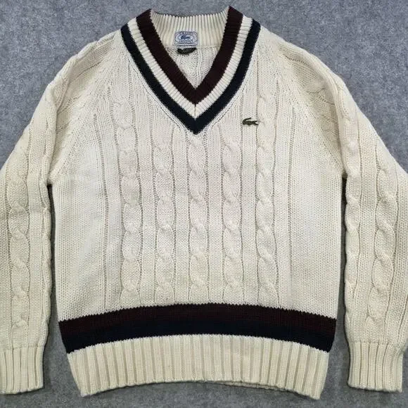 VTG IZOD Lacoste Sweater Mens Large White Cable Knit V Neck Tennis Pullover 80s
